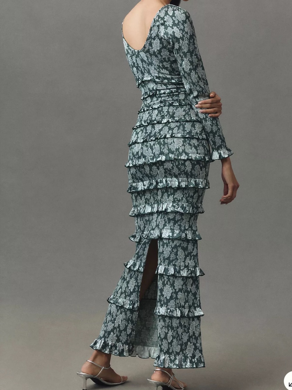 V. Chapman Lanie Long-Sleeve Scoop-Neck Ruched Ruffled Satin Maxi Dress Size 2